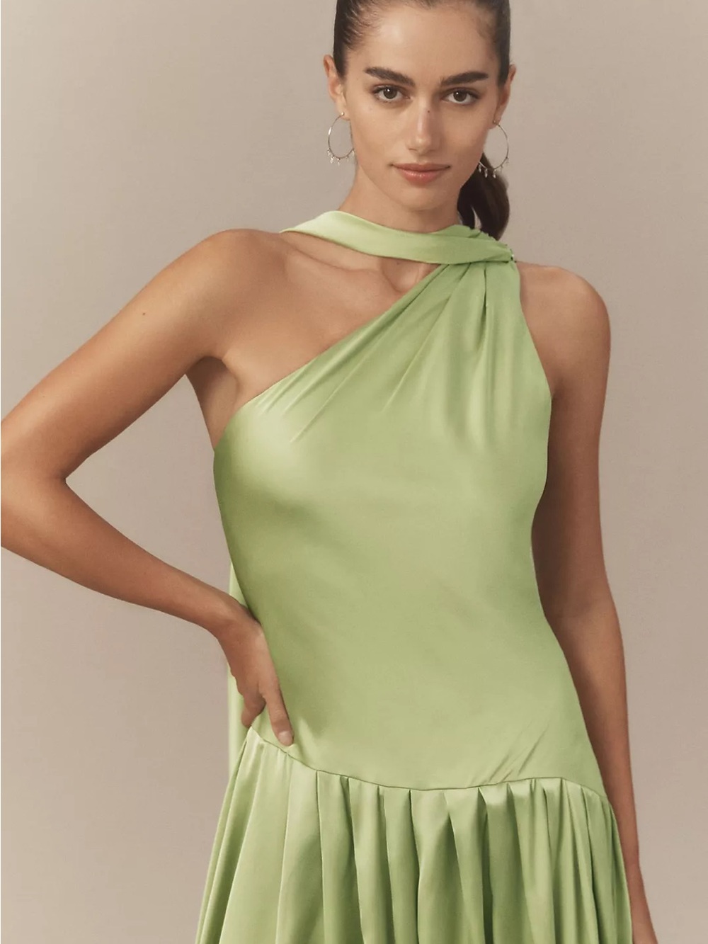 Anthropologie One-Shoulder Pleated Sage Green Gown - Picture 3 of 5
